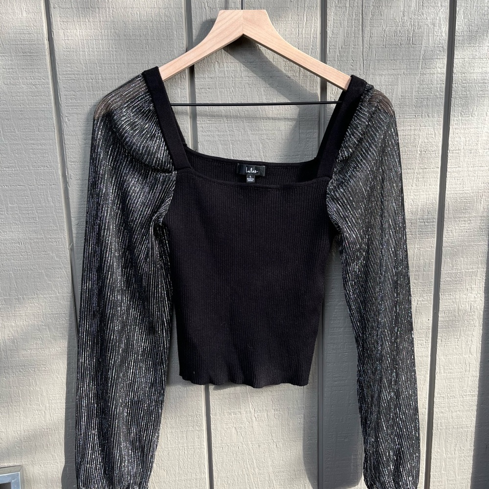 Lulus Ribbed Top with Metallic Mesh Bell Sleeves Size Large Fast Shipping
